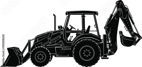 Black silhouette of backhoe loader tractor with front shovel and rear excavator bucket isolated on white background, heavy construction machinery equipment for earthmoving works.