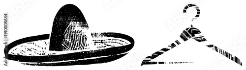 Black and white vector of a sombrero with textured weave and a wooden hanger with hook, both rendered in halftone style, isolated graphic elements for design use.