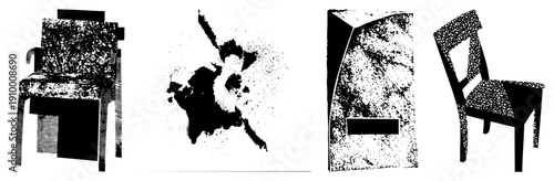 Stylized chair forms depicted with halftone textures, graphic design elements, vector art,, isolated furniture shapes.