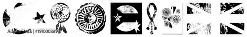 Collection of stylized including moon, star, dreamcatcher, sunburst, flag motifs, ribbon, coins, and geometric shapes, all rendered in with distressed texture.