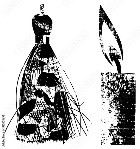 Elegant woman in ornate gown holding candlestick, vintage fashion illustration, historical costume, black and white halftone art, antique silhouette.