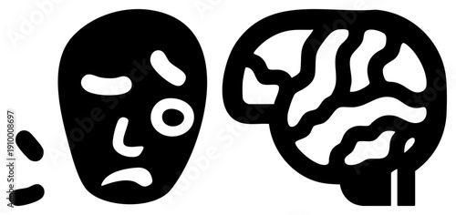 Black showing sorrowful face and brain, emotional awareness, mental health, cognitive emotion, psychological concept, vector glyph, isolated graphic.