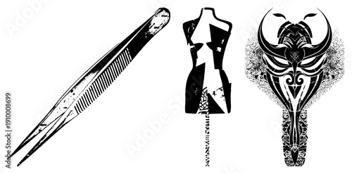 Black and white vector illustrations of a comb, mannequin, and tribal mask, stylized with distressed textures and geometric, ideal for graphic design or tattoo art.