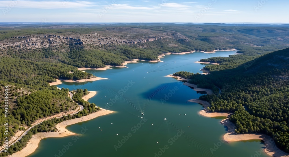 Fototapeta premium Aerial view of scenic lake surrounded by hills and lush green trees under daylight