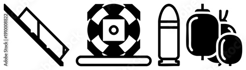 Vector depicting ladder, target, bullet, gas cylinders isolated symbols for safety, precision, weaponry, and fuel. Flat design,, scalable, for UI or signage.