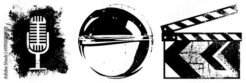 Retro microphone, stylized globe, film clapperboard,, distressed texture, symbols, graphic design elements.