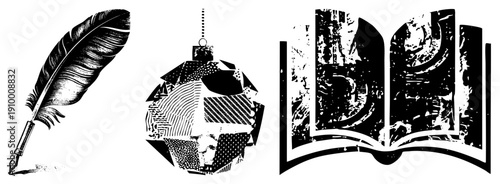 Classic writing quill, hanging ornament, open book with textured pages, vector set, educational and decorative symbols.