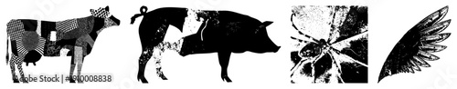 Graphic vector animals cow, pig, spider, wing rendered in black silhouette with halftone, stipple, and geometric fills, isolated on transparent background.
