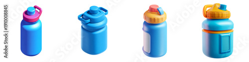 Four colorful reusable water bottles with different lids