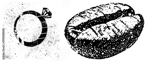 Stylized ring with diamond and coffee bean rendered in halftone, vector graphic, isolated elements, design, artistic illustration.