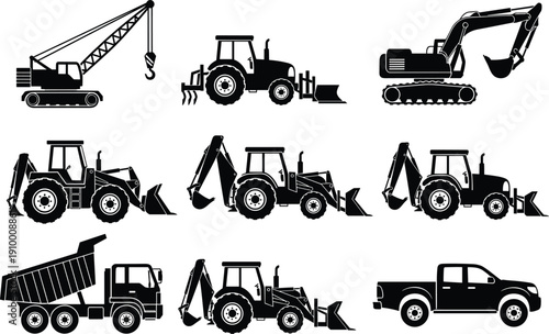 Black silhouette set of heavy construction machinery and industrial vehicles including crane, excavator, tractor, dump truck, and backhoe loader isolated on white background.