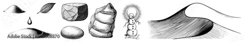 Vector illustration of sand dune, leaf, water droplet, stones, and snowman with, rendered in halftone and hatch styles, ideal for graphic design or print.