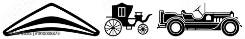 Historical transportation horse drawn carriage and early 20th century car, stylized vector, retro travel symbols, design.