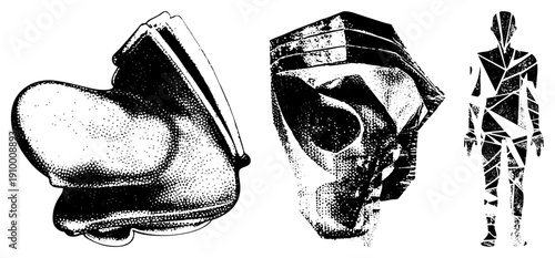 Stylized human figure fragmented into angular shapes, paired with abstract shoe and head forms, rendered in halftone dot, vector graphic, isolated foreground elements.