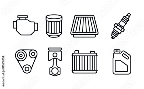 Auto parts outline icon set. Engine, filter, spark plug, car repair vector collection