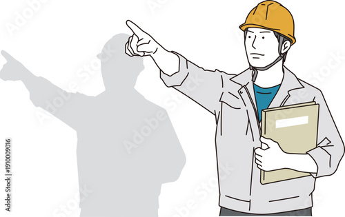 遠くを指差しをする作業着の男性のイラスト素材