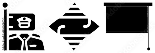 Police officer silhouette with badge and uniform, stylized geometric shapes, vector set, law enforcement symbols, flat design elements.