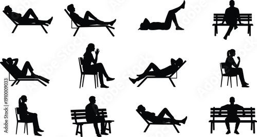 Black silhouette set of people relaxing on park benches, lounge chairs, and deck chairs, side and front view isolated on white background icons.