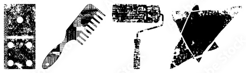 Distressed black and white vector panel with holes, comb, paint roller, abstract shape. Graphic design elements with gritty texture, isolated foreground.