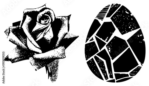 Stylized rose with halftone texture, cracked egg with fragmented, graphic, symbolic art, vector design, isolated elements, tattoo ready motif.
