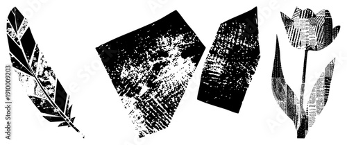 Black and white halftone vector illustrations of feather, abstract stone, and tulip, stylized with newspaper texture, graphic design elements, isolated foreground.