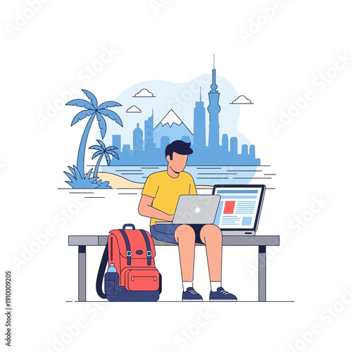 Man working remotely on laptop with city and beach background