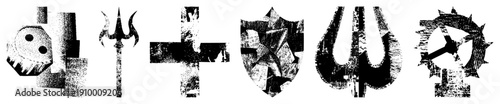 emblems including trident, shield,, and gear with distressed texture,, symbolic motifs, stylized.