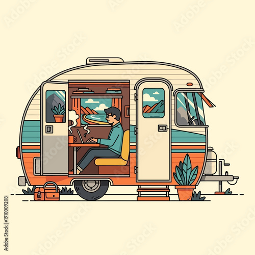Man working remotely from a vintage camper van with laptop and coffee