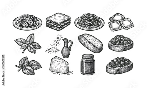 Italian cuisine icon set: pasta, bread, and herbs in detailed line illustrations