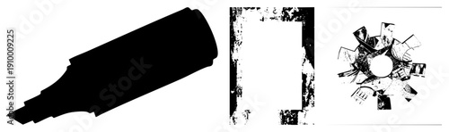 Silhouetted marker, distressed border, shattered geometric shapes, graphic design elements, vector art, composition, isolated.