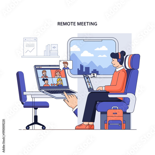 Remote meeting on train with laptops and video conference