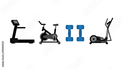 Gym Fitness Cardio Equipment Icon Set, Treadmill Bike Dumbbell Elliptical Collection