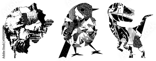 Abstract animal forms composed of fragmented halftone, stylized bird, skull, and dinosaur, black and white vector design, graphic illustration, modern art.