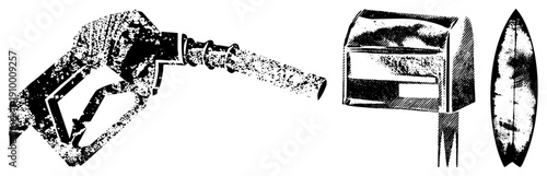 Retro halftone vector fuel nozzle, classic mailbox, surfboard. graphic elements for design, web, or print. Vintage Americana symbols.