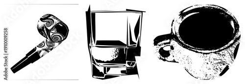 Artistic vector illustration of smoking pipe with swirls, whiskey glass with ice, coffee mug with texture all in high contrast black and white, isolated graphic elements.
