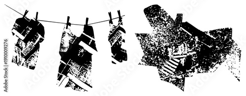 Graphic illustration of garments on a, abstracted with halftone textures, vector art, isolated laundry, drying clothes, rustic aesthetic.