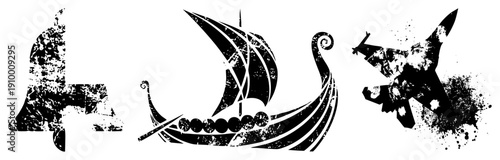 Stylized black silhouettes of Viking longship, church bell, and jet fighter with distressed texture, vector art, isolated, historical and modern contrast.
