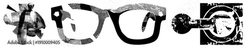 Distorted eyewear graphic with halftone, glitched fragments, grunge texture, vector art, isolated lens shapes, stylized frames, design.