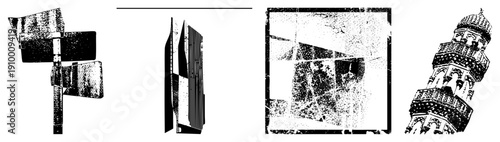 Black and white vector composition of fragmented planes, angular forms, and textured, rendered in halftone style with sharp edges and graphic precision.