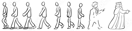 of stylized pedestrians walking in motion, transitioning to a crowned monarch, minimalist, narrative progression, symbolic leadership.