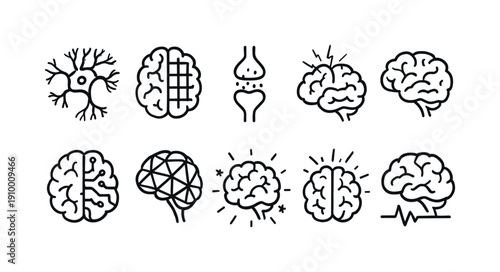 Brain and neuroscience line icon set. Cognitive, neural symbols outline collection.
