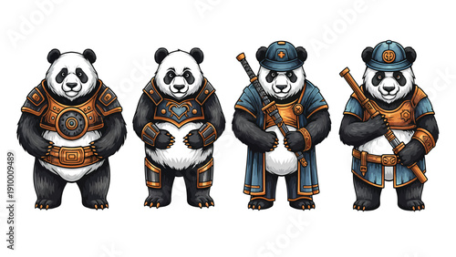 Fantasy Steampunk Armored Panda Warriors Character Collection Illustration