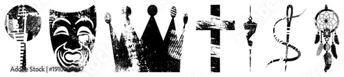 Distressed black symbols including theater masks, crowns,, and dreamcatchers, gritty texture, symbolic, vector art, design.