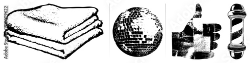 Stack of folded towels, disco ball mirror tiles, hand giving thumbs up, barber pole striped pole vector for hospitality, celebration, approval, grooming.