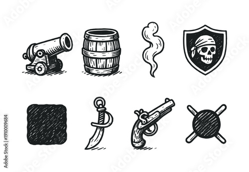 Pirate adventure icon set. Flat style with swords, cannons, and treasure elements.
