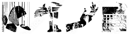 Stylized human forms broken into angular shapes, halftone texture, graphic art, vector illustration, isolated figures, abstract composition, modern design.