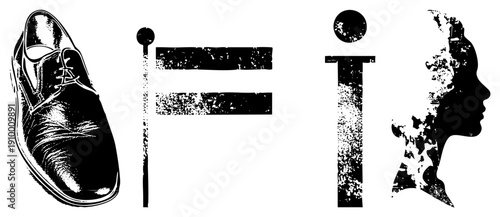 Black and white vector illustration of a dress shoe, symbol, and human silhouette with distressed texture, minimalist graphic design, symbolic representation of balance and identity.