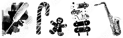 Holiday symbols including feather duster, candy cane, gingerbread man, xylophone, and saxophone rendered in halftone vector art, festive decor, seasonal, black and white graphic design.