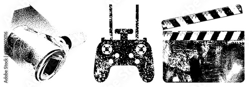 Retro styled halftone illustrations of soda can, gaming controller, and movie clapperboard, vector, isolated digital assets, stylized symbols.