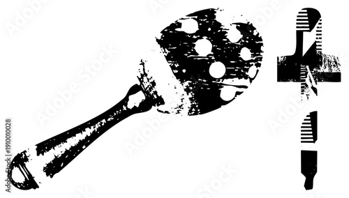 Painter’s tools including palette with paint wells and brush with bristles, artistic supplies, creative toolkit, studio essentials, black and white graphic.